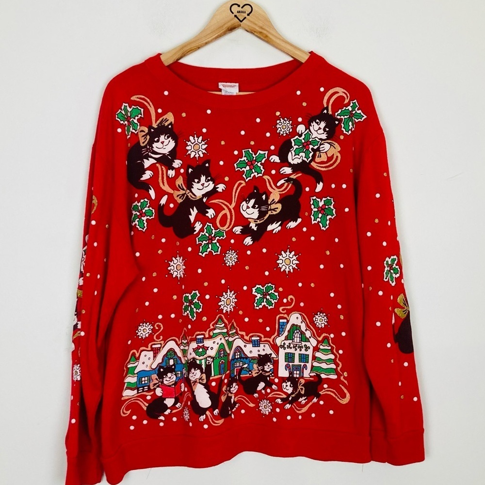 Vintage made in USA red Christmas cat sweatshirt w/ glitter accents. Size Large